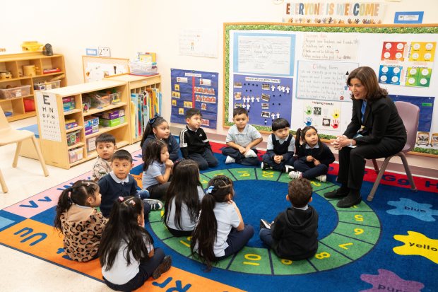 Gov. Hochul announced a task force of business interests, service providers and tax experts to "move toward, ultimately, universal child care" at a daycare center in Bushwick on Tuesday. (Don Pollard/Office of Governor Kathy Hochul)