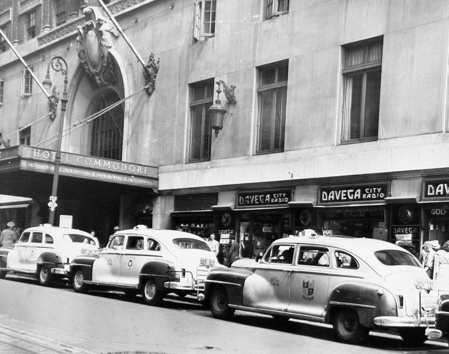 Taxis line up outside the Hotel Commodore in Manhattan.