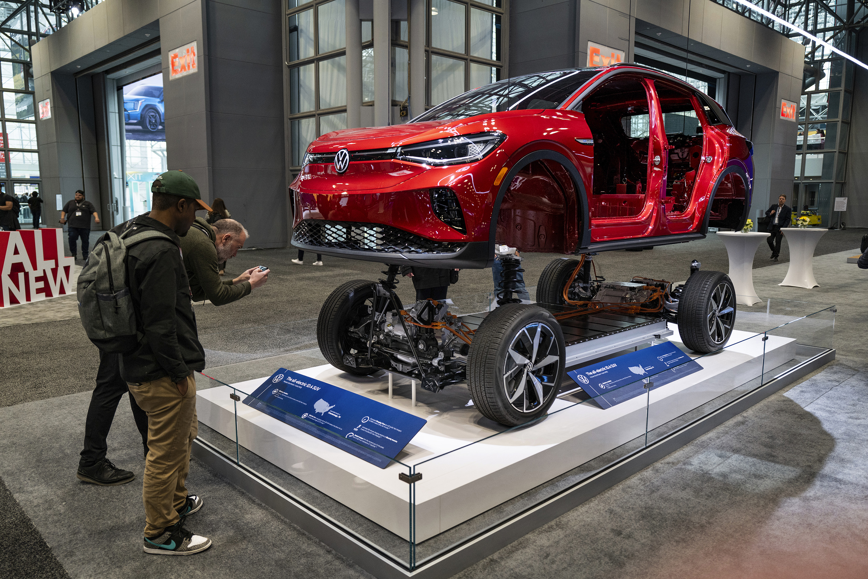 A deconstructed all-electric Volkswagen ID. 4 is displayed at the New York International Auto Show in New York on Wednesday, April 5, 2023.