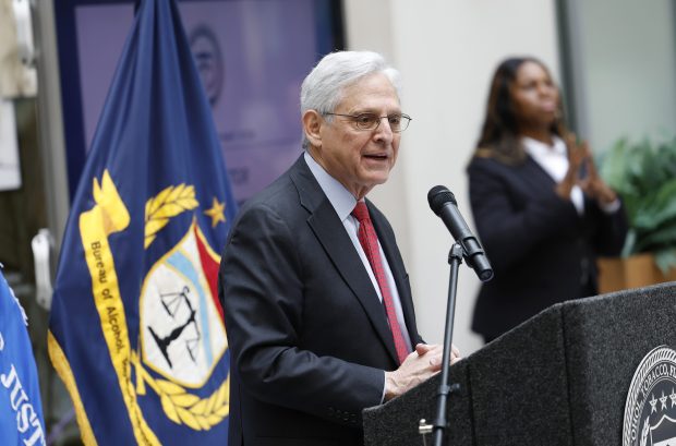 Attorney General Merrick Garland speaks at a farewell event for Steve Dettelbach, the Director of the Bureau of Alcohol, Tobacco, Firearms and Explosives (ATF) at the ATF headquarters on January 10, 2025 in Washington, DC. (Photo by Anna Moneymaker/Getty Images)