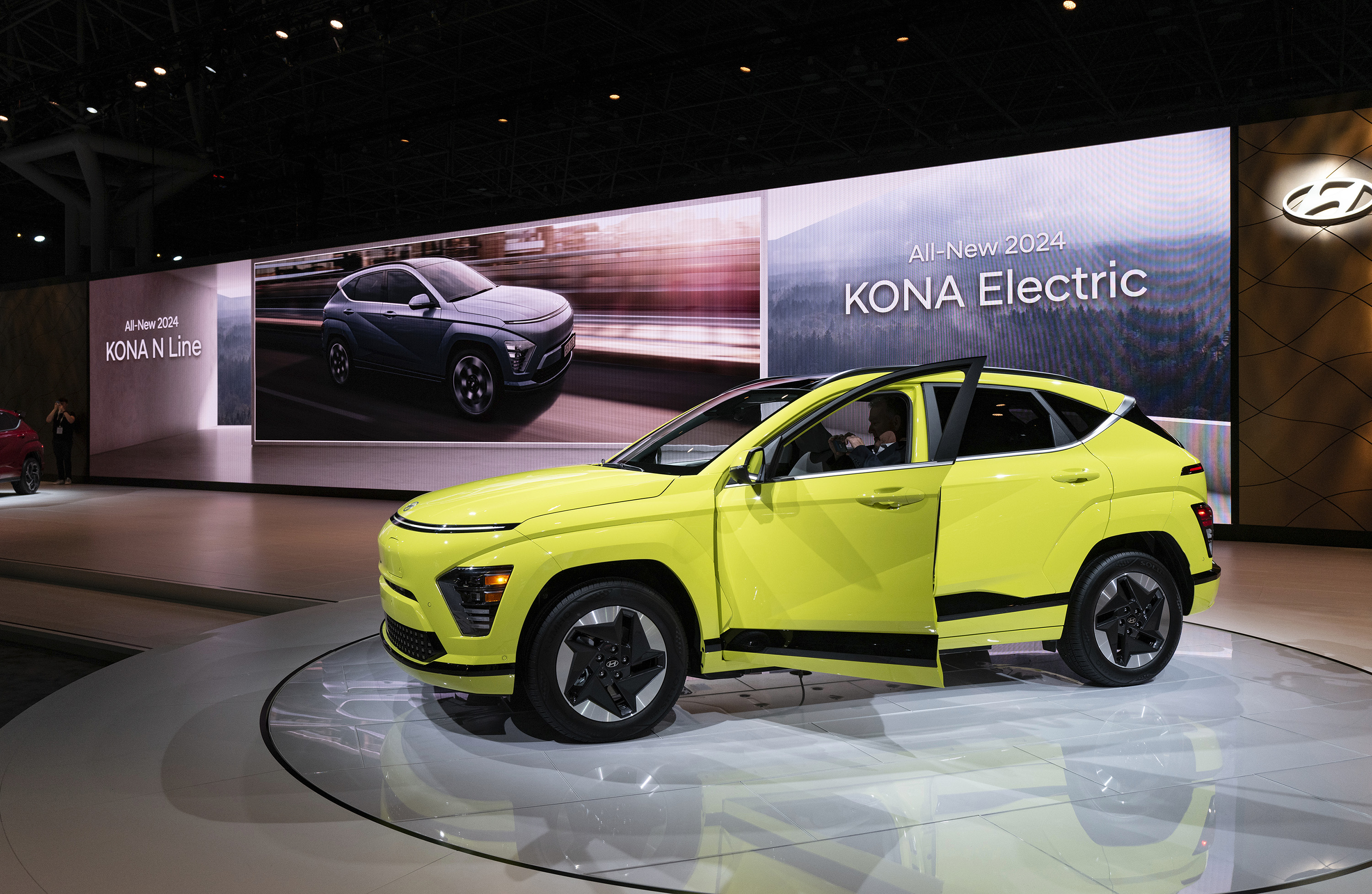 The Hyundai Kona Electric is displayed at the New York International Auto Show in New York on Wednesday, April 5, 2023.