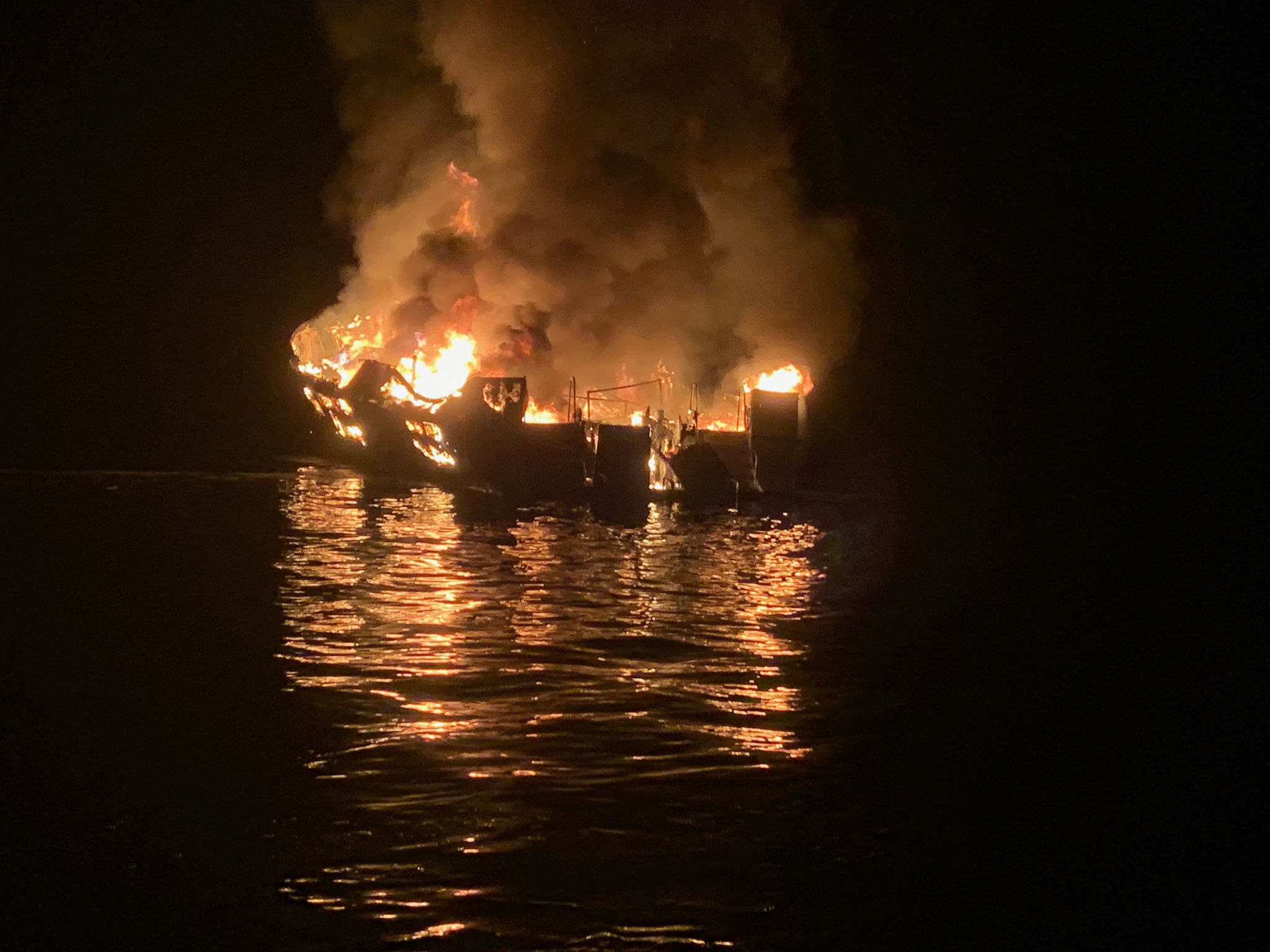 In this handout provided by Santa Barbara County Fire Department, the 75-foot Conception scuba diving vessel, based in Santa Barbara Harbor, burns after catching fire early Sept. 2, 2019, anchored off Santa Cruz Island, California. Thirty-four people were left dead, while five crew members were rescued, according to published reports.