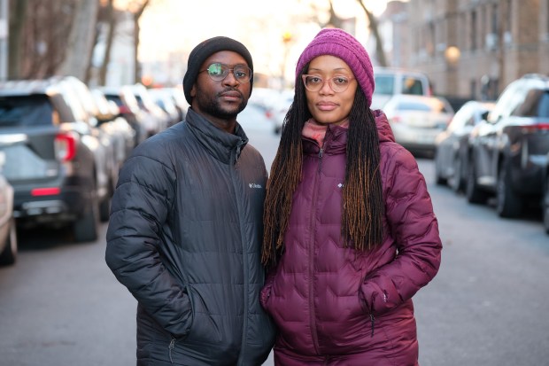 Harold and Chantal Hinds, parents of a 1-year-old, are pictured in their East Flatbush neighborhood in Brooklyn, New York City on Thursday, Jan. 9, 2025. (Gardiner Anderson / New York Daily News)
