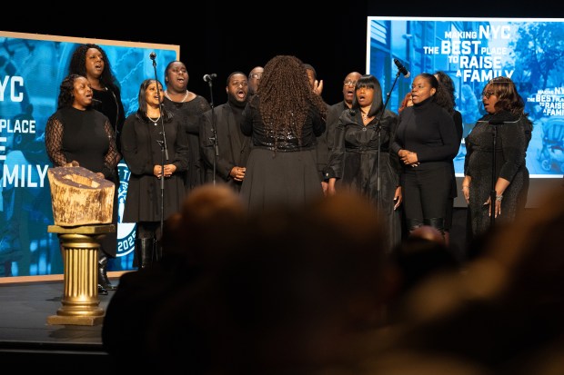 Members of the Harlem Fellowship Choir perform before Mayor Eric Adams delivers the state of the city address at the Apollo Theatre Thursday, Jan. 9, 2025 in Manhattan, New York. (Barry Williams/ New York Daily News)