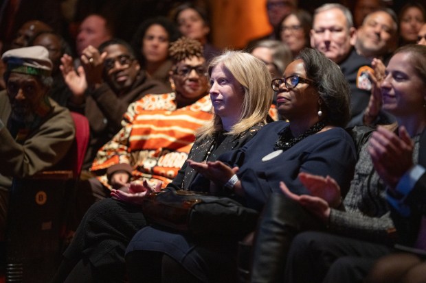 NYPD Commissioner Jessica Tisch listens to Mayor Eric Adams deliver the state of the city address at the Apollo Theatre Thursday, Jan. 9, 2025 in Manhattan, New York. (Barry Williams/ New York Daily News)