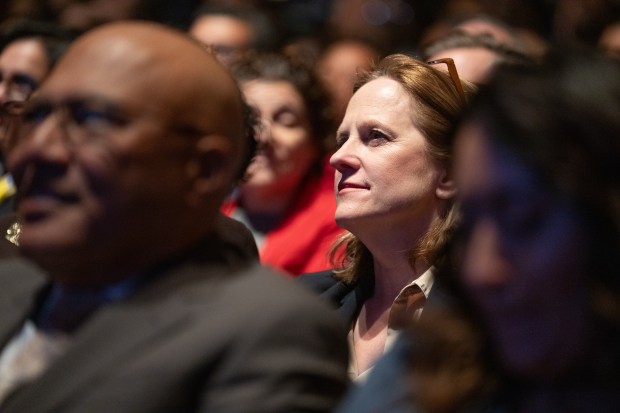 Queens DA Melinda Katz listens to Mayor Eric Adams deliver the state of the city address at the Apollo Theatre Thursday, Jan. 9, 2025 in Manhattan, New York. (Barry Williams/ New York Daily News)