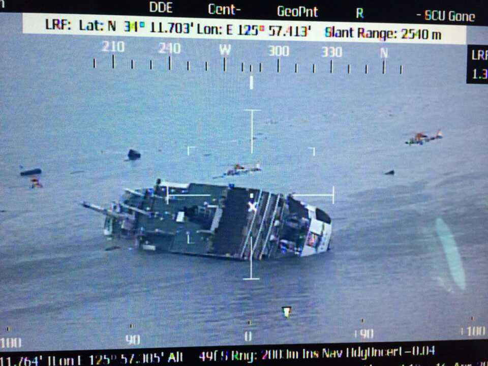 In this screenshot handout of a helicopter camera provided by the Republic of Korea Coast Guard, the ferry is seen sinking as rescue crews work off the coast of Jindo Island on April 16, 2014, in Jindo-gun, South Korea. The captain and three crew members of the Sewol ferry were charged with murder and the other 11 crew members were indicted for abandoning the ship.