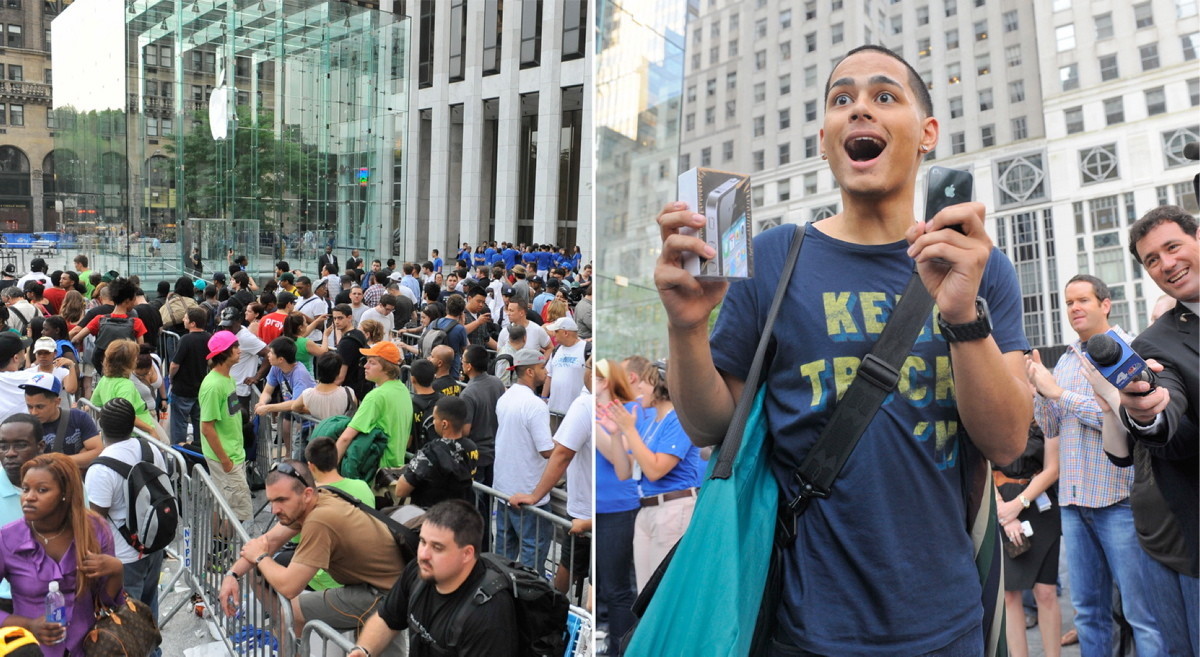 The high definition Retina screen had people more enticed and excited about the phone than ever. It was also the first time HD video was available on the phone to accompany the 5 MP camera on both sides. Jeffry Galvan of the Bronx (r.) is more than overjoyed to be the first person out of Apple's Fifth Avenue store with a bright and shiny new iPhone on June 24, 2010.